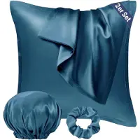 Famanu – Set mit 2 Kissenbezügen aus Satin, 80x80 cm, inklusive Haarschmuck, seidig-glatt, schützt Haar und Haut