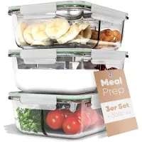 Markenlos Meal Prep Boxen Glas mit Fächern - 3-teilig, geeignet für Geschirrspüler, Mikrowelle und Ofen