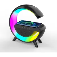 XCOZU RGB Nachtischlampe mit Kabellosem 15W Ladegerät, Intelligente LED Tischlampe, Bluetooth Lautsprecher, Dimmbares Nachtlicht, Atmosphä Renlampe Schwarz