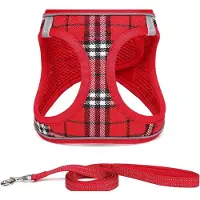 Famanu Hundegeschirr für kleine Hunde mit Leine - antizuggeschirr, reflektierend, atmungsaktiv, rot kariert