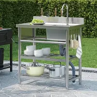 Merax Edelstahlspülbecken 80x50cm freistehend mit Wasserhahn, 2 Ablagen, Messerhalter & Haken, Outdoor Spüle für Gartenküche, Camping, Silber