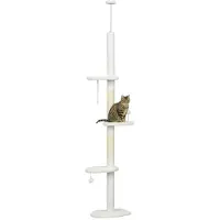 Homu & Co. Katzenbaum – Deckenmontierter Katzenbaum – Klettergerüst für Katzen – Verstellbar – Ausgestattet mit Sisal-Kratzstämmen – 8 x 32 x 225–255 cm – Weiß