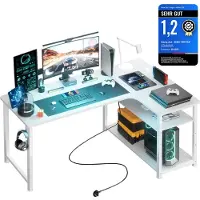 GTPLAYER Eckschreibtisch Schreibtisch Gaming Tisch mit Regal USB-Ladeanschluss und Steckdose (1 Tisch), 130cm Computertisch L Form, PC Tisch für Büro,