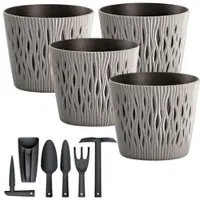 Prosperplast - Set aus 4 runden Blument√∂pfen 3 L aus Kunststoff in Grau, 18,9x18,9x16,5 cm mit 6-teiligem Gartengeräte-Set Sandy