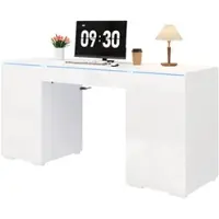 Merax Hochglanz Schreibtisch 140x50x78cm mit LED-Beleuchtung, Computertisch mit 1 Schublade, Schminktisch, 2 Push-to-Open Türen, weiß