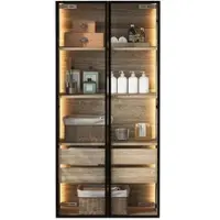 Merax Hochschrank 74x36x155 cm, Aufbewahrungsschrank mit LED-Lichtleiste, Milchglastüren, 2 Schubladen, Vitrine & Badschrank, Naturholzfarbe