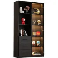 Merax LED Vitrine 80x40x160cm, Glasvitrine & Bücherregal mit gehärteter Glastür, 3 Schubladen, offenen Fächern, schwarz