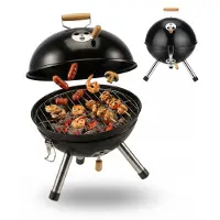 Relaxdays Mini Kugelgrill, tragbar, Ø 30 cm, Picknickgrill für Balkon & Camping, Holzkohlegrill mit Holzgriff, schwarz