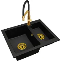 Brado Granit-Küchenspüle YOGI 1,5 Becken mit Küchenarmatur Gold und Siphon Gold