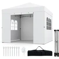 Costway Pavillon 3 x 3 m, Faltpavillon Gartenpavillon mit abnehmbaren Seitenwänden & 4 Sandsäcke, Gartenzelt wasserdicht faltbar, Weiß