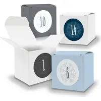 Itenga Adventskalender zum Füllen 24x Würfel 5cm GRAU WEIß EISBLAU + Sticker V13 Z12