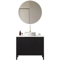 MODFU Freistehender Badezimmerwaschtisch aus MDF, Keramik und Sinterstein in Schwarz/Weiß, 76 cm, 2 Türen