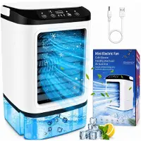 Axvcuxio 4 in 1 Mini Klimaanlage,Tragbare Luftkühler mit 900ml Wassertank und Eisfach,3 Geschwindigkeiten,Boost-Modus,Doppelnebelspray,7 Farblichtern,Leise