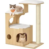 Feandrea Kratzbaum, Kletterbaum für Katzen, mit Liegeflächen und Höhle, Sisal-Kratzmatte, Plüschkissen, 86 cm, gelb