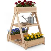 Costway vertikales Hochbeet 3 Etagen, Blumenbeet Holz, Blumenbeet mit 3 Pflanzkästen & 2 Ablagen, A-Rahmen Blumentreppe, Blumenkasten 66x58x60cm
