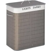 HOMCOM 100L Wäschekorb mit 3 Griffen, mit waschbarem Wäschesack, Bambus, Polyester, Baumwolle, Metall, 52 x 32 x 63 cm, Grau