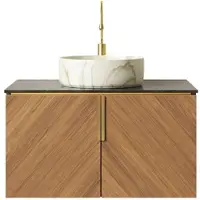 MODFU Wandmontierter Badezimmer-Waschtisch aus Sperrholz Braun-Eiche, Keramikbecken Weiß, Sintersteinplatte Schwarz, 76 cm