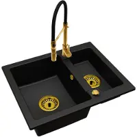 Brado Granitspüle 1,5 Becken mit Küchenarmatur Gold und Automatik-Siphon Gold