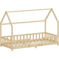 ML-Design Kinderbett 90x200cm mit Rausfallschutz, Dach & Lattenrost Natur Montessori Bodenbett aus massivem Kiefernholz Hausbett für Mädchen & Jungen