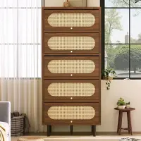 MODFU Sideboard Highboard mit Rattan Wohnzimmerschrank mit 5 Klappen und Metallbeine Aufbewahrungsschrank mit Stauraum für das Wohnzimmer geeignet Nussbaum