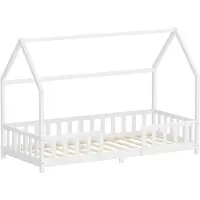 ML-Design Kinderbett 90x200cm mit Rausfallschutz, Dach & Lattenrost Weiß Montessori Bodenbett aus massivem Kiefernholz Hausbett für Mädchen & Jungen