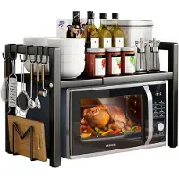 Famanu Mikrowellenregal erweiterbar 2-lagig mit Haken verstellbar von 40 bis 64 cm Küchenorganizer schwarz