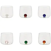Zafferano Bilia Tumbler Junior Set mit 6 kleinen Gläsern für Liköre und Bitter aus handgefertigtem Borosilikatglas mit farbigem Kugelfuß, verschiedene Farben