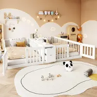 STILVORA Holzbett 90x200 cm mit Schublade und Regal, Kinderbett mit Sicherheitsgitter, Doppelbettgestell mit hohen Gittern Weiß