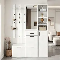 OKWISH Garderobensets mit Spiegel und Kleiderhaken, Flurschrank inklusive Schuhschrank,wandmontierter Kleiderschrank,Viel Stauraum,Weiß