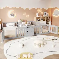 STILVORA Holzbett 90x200 cm mit einer Matratze Jugendbett mit Schublade und Regal, Kinderbett mit Sicherheitsgitter, Doppelbettgestell mit hohen Gittern Grau