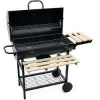 Relaxdays Holzkohlegrill Grillwagen, Deckel & Thermometer, mobiler BBQ-Grill, Gartengrill XXL mit Ablagen, schwarz/natur