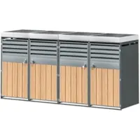OKWISH Mülltonnenbox Mülltonnenschrank mit Integriertem Pflanztrog Lamellen Lüftung Vier Abschließbare Türen Für Garten Und Hof Stahl Grau Holzoptik