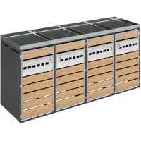 OKWISH Mülltonnenschrank Abschließbar mit Pflanztrog Belüftet mit Vier Fächern Für Garten und Einfahrt Aus Stahl Grau Holzoptik