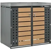 OKWISH Mülltonnenbox mit Pflanzgefäß Abschließbar mit Zwei Fächern mit Zwei Türen Für Garten und Hof Aus Stahl In Grau Holzoptik