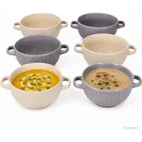 MamboCat 6er Set Biko Suppentassen mit Henkeln 650ml Keramik Vanille Grau Ramen Bowl