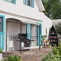 SUGIFT Grillpavillon mit 10 Haken, Gartenpavillon Stahlrahmen wetterfest, Grillüberdachung Polyester, Beige+Schwarz | 215x150x220 cm | UV-Schutz | 15 kg