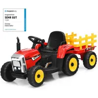 Costway 12V 3-Gang Traktor mit abnehmbarem Anhänger und 2,4G Fernbedienung, Kinder Aufsitztraktor mit LED Lichtern, Musik, Hupe, Bluetooth & USB Funktionen, geeignet für Kinder ab 3 Jahren (Rot)