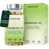 Aavalabs Vitamin D3 K2 hochdosiert - Vitamin D 2000 IE + Vitamin K2 MK7 100μg Sonnenvitamine Vitamin D K2 mit nativem Olivenöl, GMO | 180 Kapseln