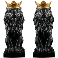 Jojomino 2X Abstrakte Krone Löwe Statue Home Office Bar Männlicher Löwe Glaube Harz Skulptur Handwerk Handwerk Tierkunst Dekor Ornamente - Schwarz
