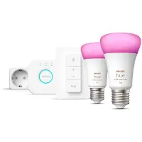 Philips Hue White and Color ambiance Starter-Set: E27 - Lampe A60 Doppelpack + Dimmschalter + Smart Plug, Set für intelligente Beleuchtung, Bluetooth/Zigbee, Weiß, LED, E27, A60