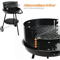 Relaxdays Holzkohlegrill mit Rollen, Ø 47 cm, Garten & Park, Windschutz, Ablage, Warmhalterost, Rundgrill, schwarz