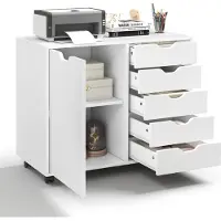 Costway 5-Schubladenkommode mit Tür, Mobiler Schubladenschrank mit verstellbarem Regal, Rollender seitlicher Aktenschrank Druckerständer Weiß