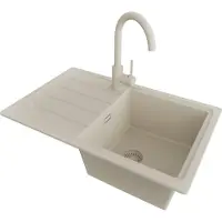 PrimaGran Granitspüle Beige 70x44cm, Spülbecken 1 Becken + Küchenarmatur 32x20cm + Ablauf-Set, Küchenspüle ab 45er Unterschrank - Kopenhagen Easy