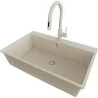 PrimaGran Granitspüle Beige 78x50cm, Spülbecken 1 Becken + Küchenarmatur 40x20cm + Ablauf-Set, Küchenspüle ab 80er Unterschrank - Riga
