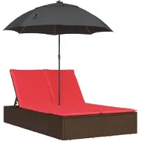 vidaXL Doppel-Sonnenliege mit Kissen & Sonnenschirm Braun Poly Rattan