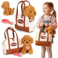 MULTISTORE Plüschhund in einer Tasche – brauner Pudel, Kuscheltier für Kinder + Pflegebürste
