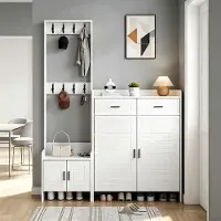 OKWISH Garderobensets mit zwei Schubladen und Schuhschrank, Aufbewahrungsschrank,Flurschrank mit Haken und Ablagen, Weiß