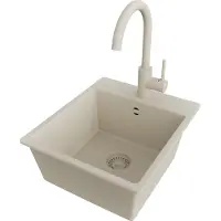 PrimaGran Granitspüle Beige 38x44cm, Spülbecken 1 Becken + Küchenarmatur 32x20cm + Ablauf-Set, Küchenspüle ab 40er Unterschrank - Riga Easy