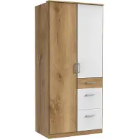 Freiraum Kleiderschrank "Click" aus Spanplatte in Plankeneiche-Nachbildung mit 3 Schubladen und 2 Türen. Abmessungen (B/H/T) 90x198x58 cm