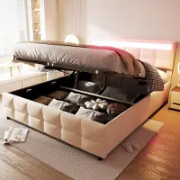 SUCCESS COURIER Polsterbett 180x200 mit Stauraum, hydraulisches Bettgestell mit LED-Beleuchtung und Lattenrost, Doppelbett, Plattformbett, modernes Bett für Schlafzimmer, Beige, holländischer Samtstoff